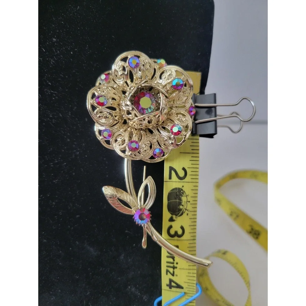 Vintage Gold Tone Filigree Flower Brooch Pin Aurora Borealis Rhinestones